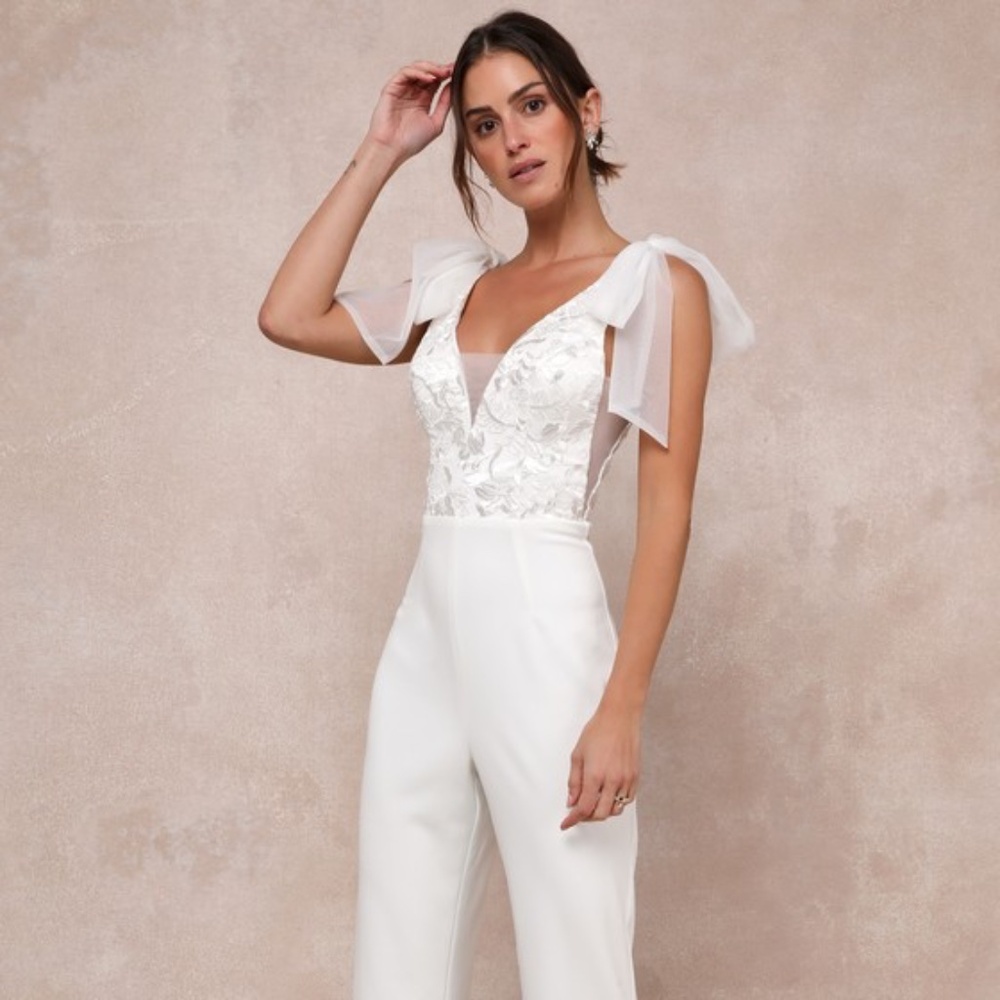 Lulus Dignified Beauty White Mesh Embroidered Tie-strap Jumpsuit - Size S